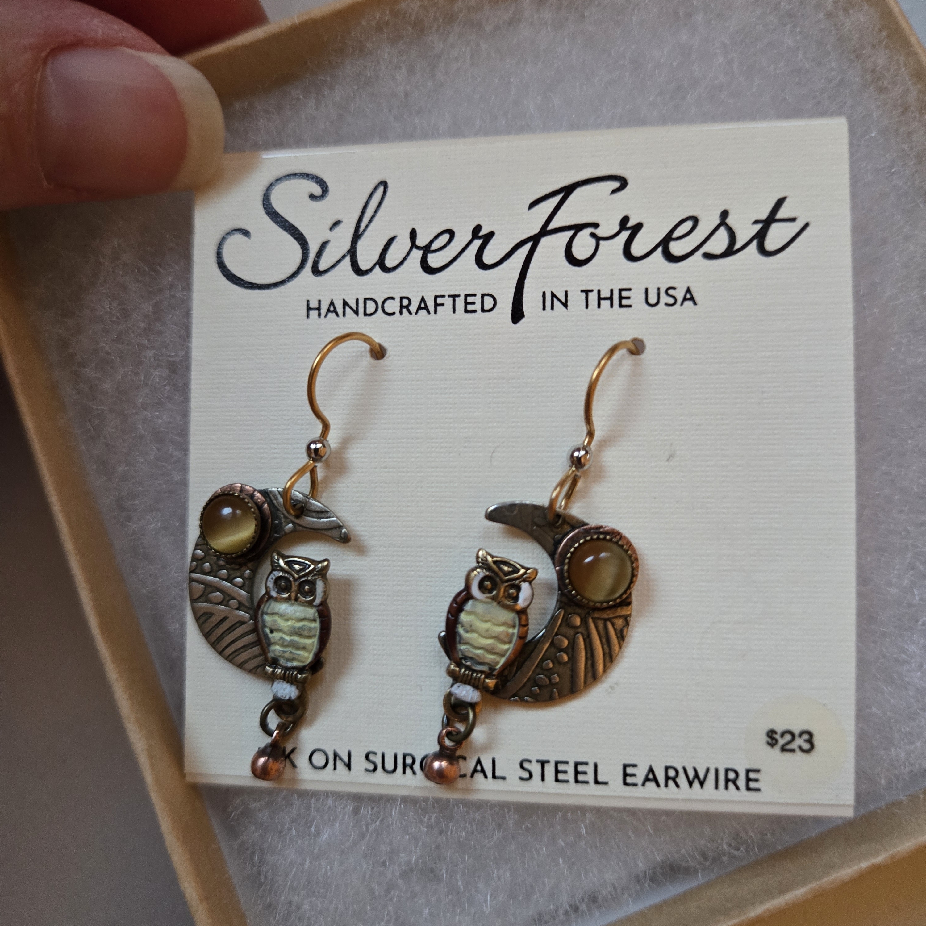 Silver Forest Owl Earrings With Gold And Cream Details